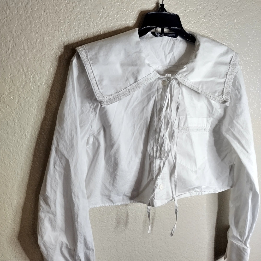ZARA CROP PETER PAN COLLAR Long Sleeve SHIRT Sz S - Picture 3 of 10